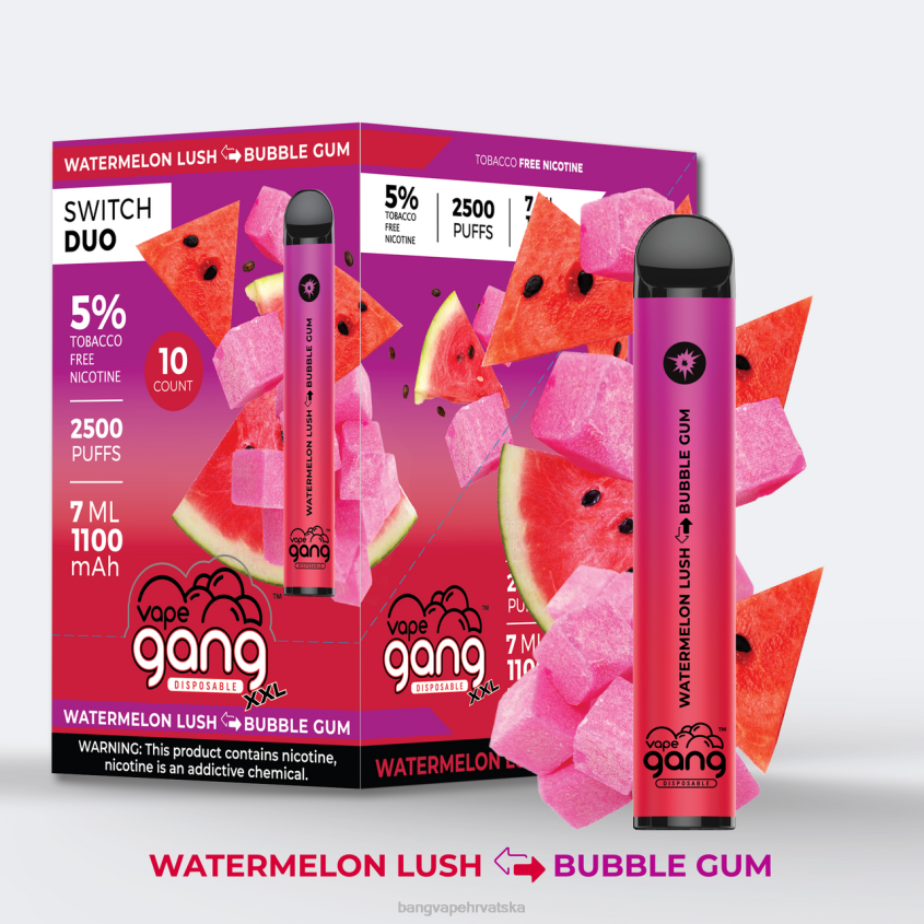 Vape Gang Switch Duo 2 okusa (kutija od 10) lubenica lush - žvakaća guma Bang Vape Flavors H2NTV49