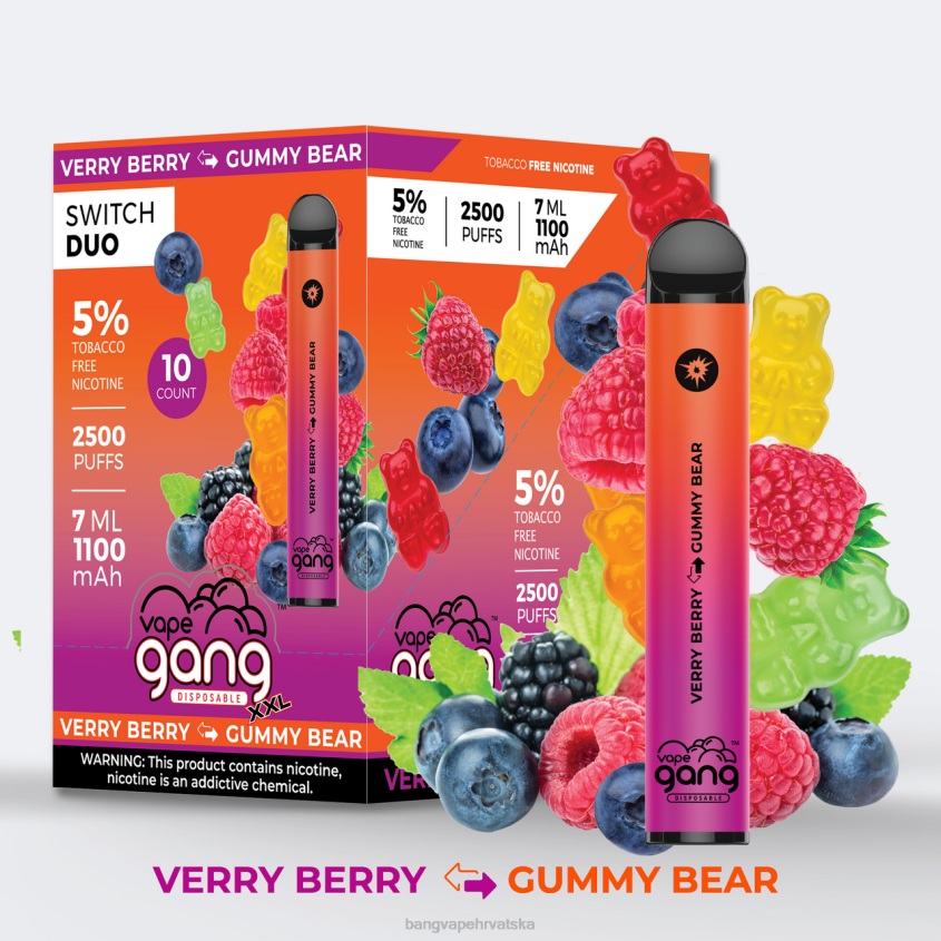 Vape Gang Switch Duo 2 okusa (kutija od 10) vrlo bobičasto - gumeni medvjed Bang Vape Disposable H2NTV48