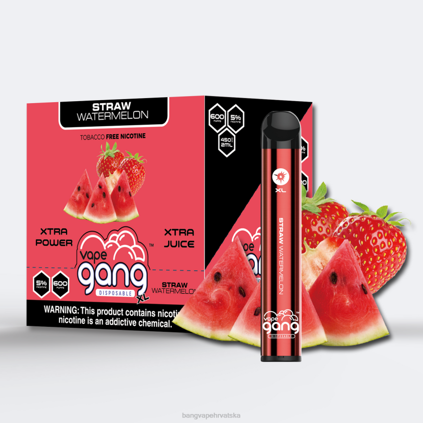 Vape Gang XL jednokratni vape 600 dimova (kutija od 10) slamnata lubenica Bang Vape Hrvatska H2NTV74